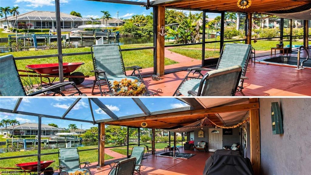 Screened lanai featuring a built-in spa, concrete patio, and direct waterfront access with boat lifts