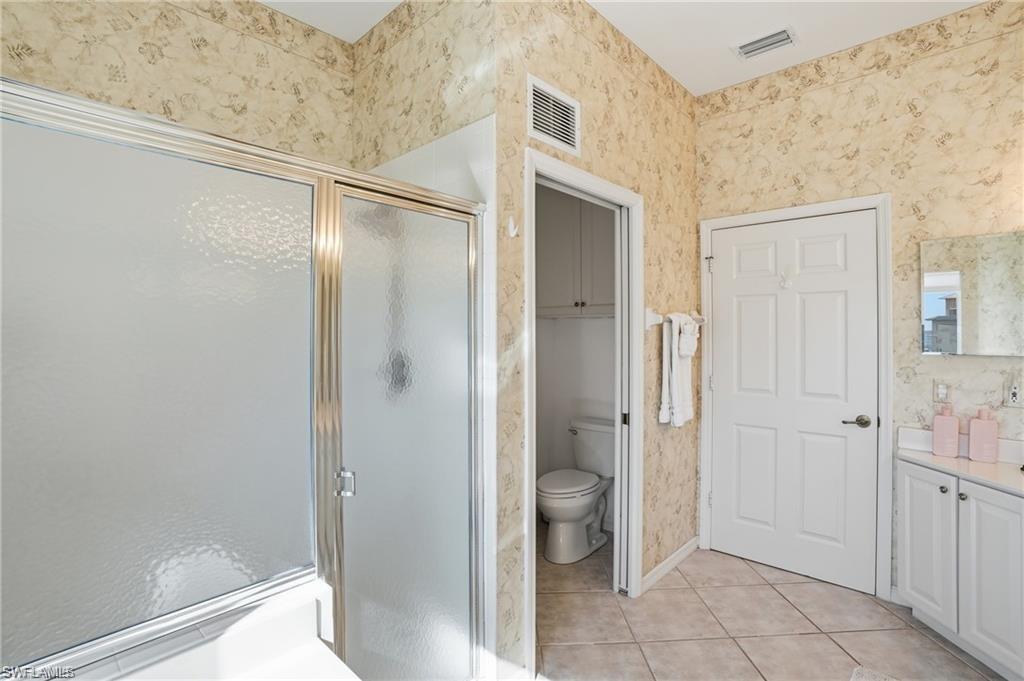 Frosted glass shower enclosure with silver-tone framing, white paneled door, and recessed toilet area