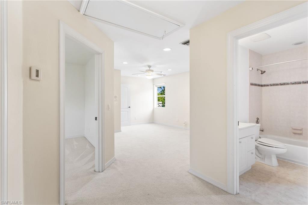 Light-filled interior featuring neutral wall tones, carpeted flooring, a ceiling fan, and a window with green outdoor scenery