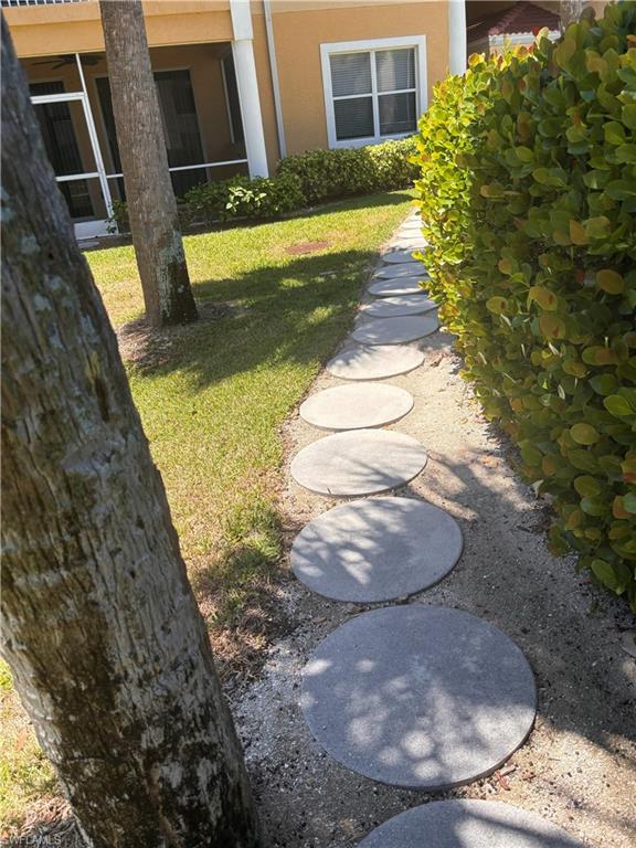 Circular stepping stones define a landscaped pathway