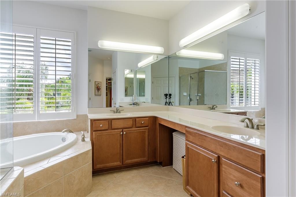 Bathroom featuring a healthy amount of sunlight, vanity, tile patterned floors, and separate shower and tub