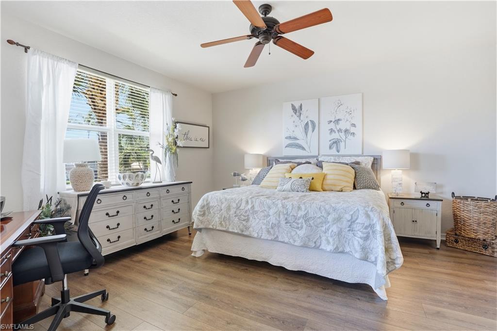 Primary bedroom is located in the rear of the unit, tucked privately away from the guest bedrooms.
