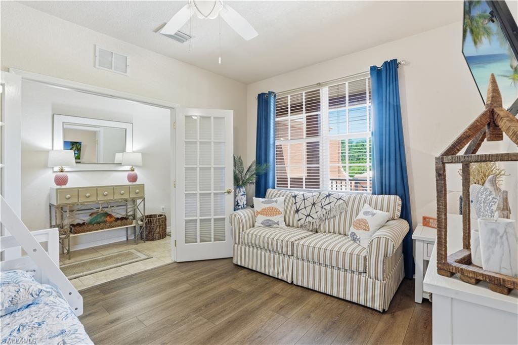 The wood floor creates a comfortable ambiance.