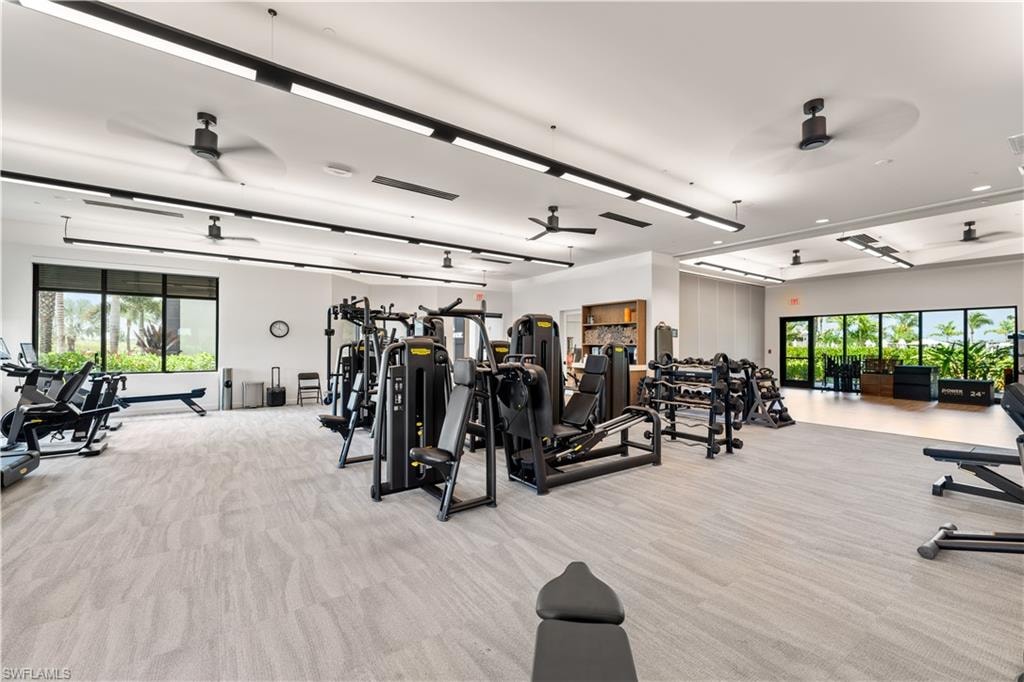 Gym with ceiling fan, light carpet, and plenty of natural light