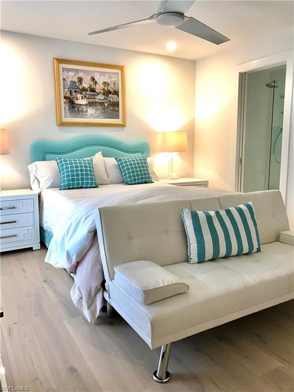 Bedroom featuring a ceiling fan and light wood-style floors