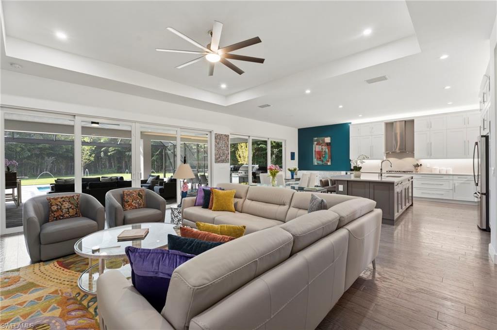 Open concept great room, open to kitchen and dining.