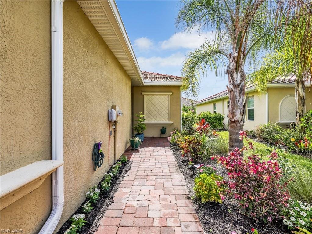 Brick paver pathway with established landscaping featuring palm trees and flowering shrubs