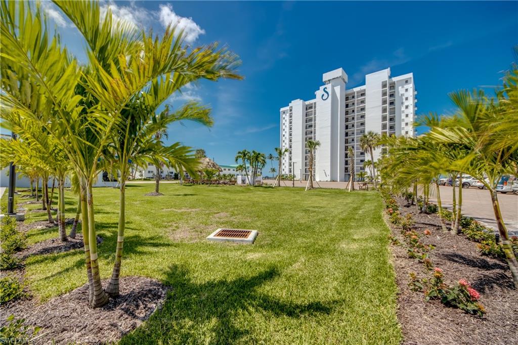 Expansive green space featuring mature palm trees and landscaped planting beds