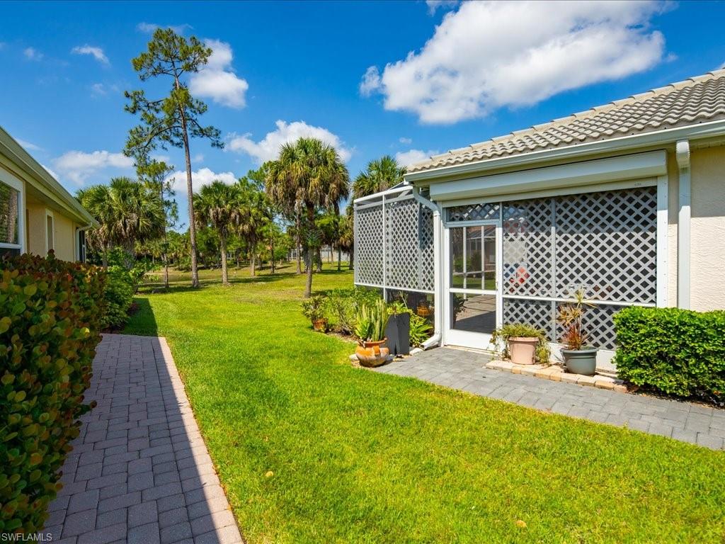 Expansive green lawn with mature palm trees and natural foliage