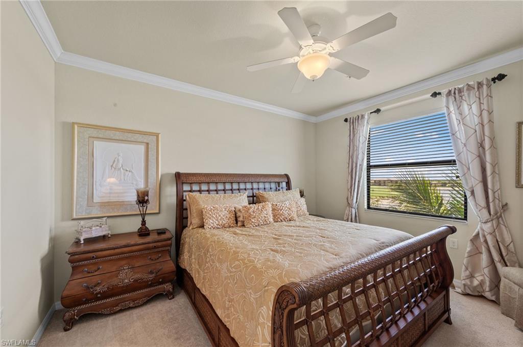 Room with crown molding, a ceiling fan with light fixture, carpeted flooring, and a window with horizontal blinds and drapery