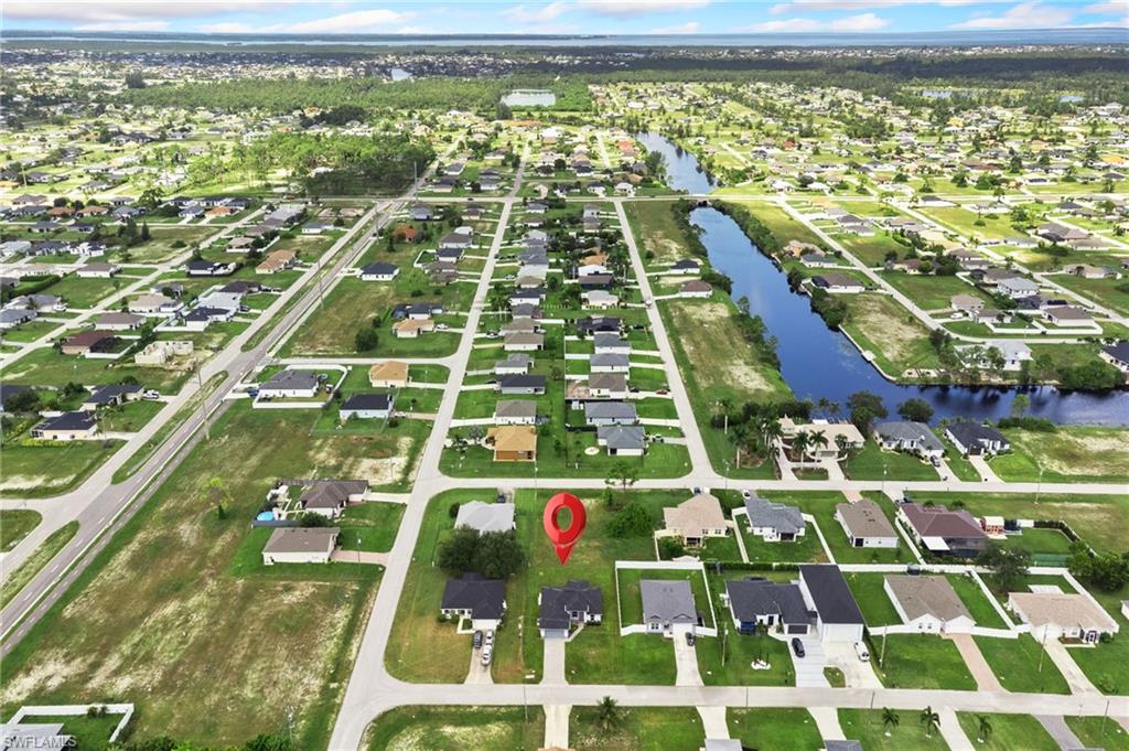 Aerial perspective showcasing a residential area with canals