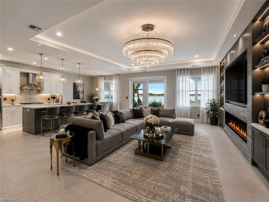 virtually imagined great room with entertainment wall