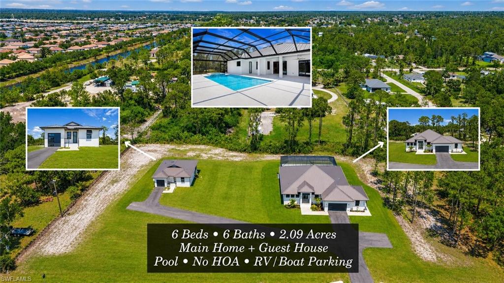Expansive 2.09-acre property featuring a main residence, a separate guest house, and a screened swimming pool enclosure