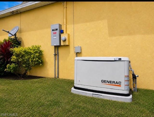 Generac standby generator positioned on a concrete pad, against a stucco exterior wall