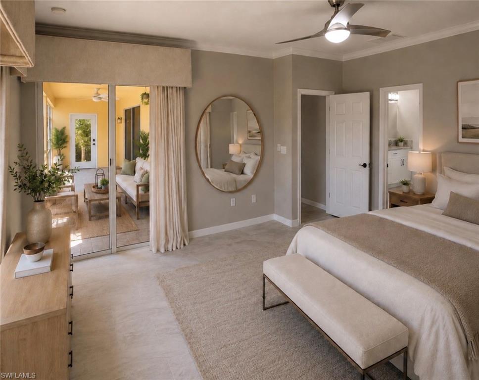 Spacious room featuring light-toned carpet flooring, a contemporary ceiling fan, and wide sliding glass doors opening to an enclosed patio