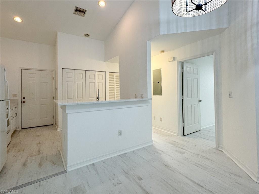 Kitchen with kitchen peninsula, light hardwood / wood-style flooring, and electric panel