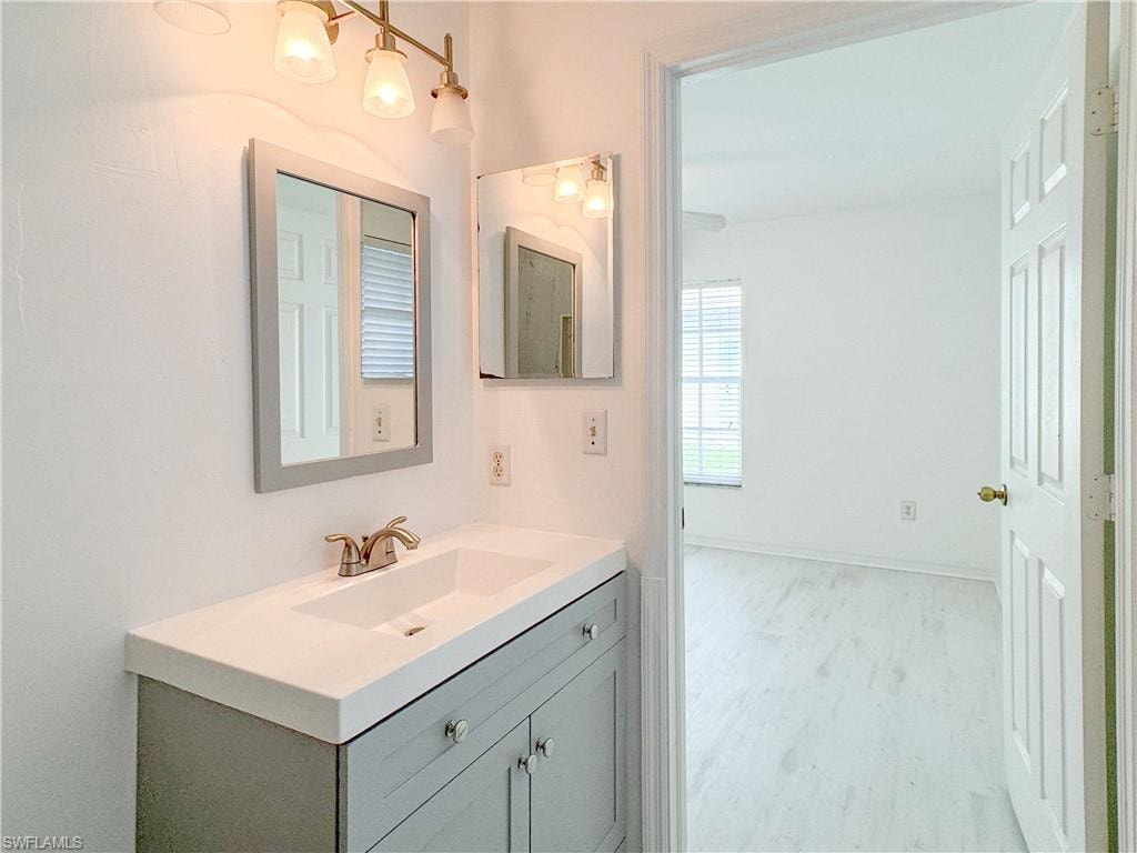 Bathroom featuring vanity and wood-type flooring