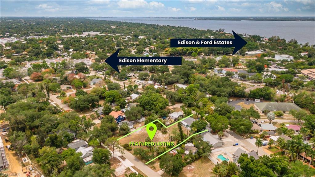 Southwest view of the Caloosahatchee River, Edison Elementary, and The Edison and Ford Estates