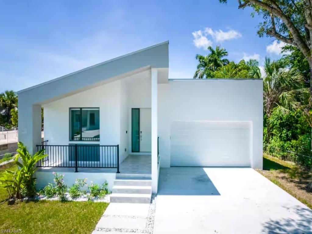 Modern exterior with an asymmetrical roofline