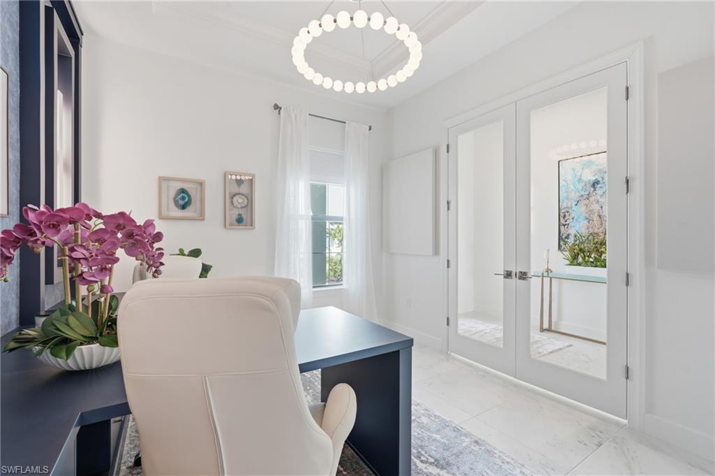 French Doors, Elegant Chandelier Lighting and Pendant Lighting