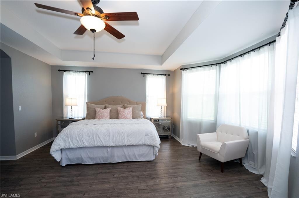 Tray ceiling with a ceiling fan, wood-finish flooring, multiple windows, and a neutral wall color