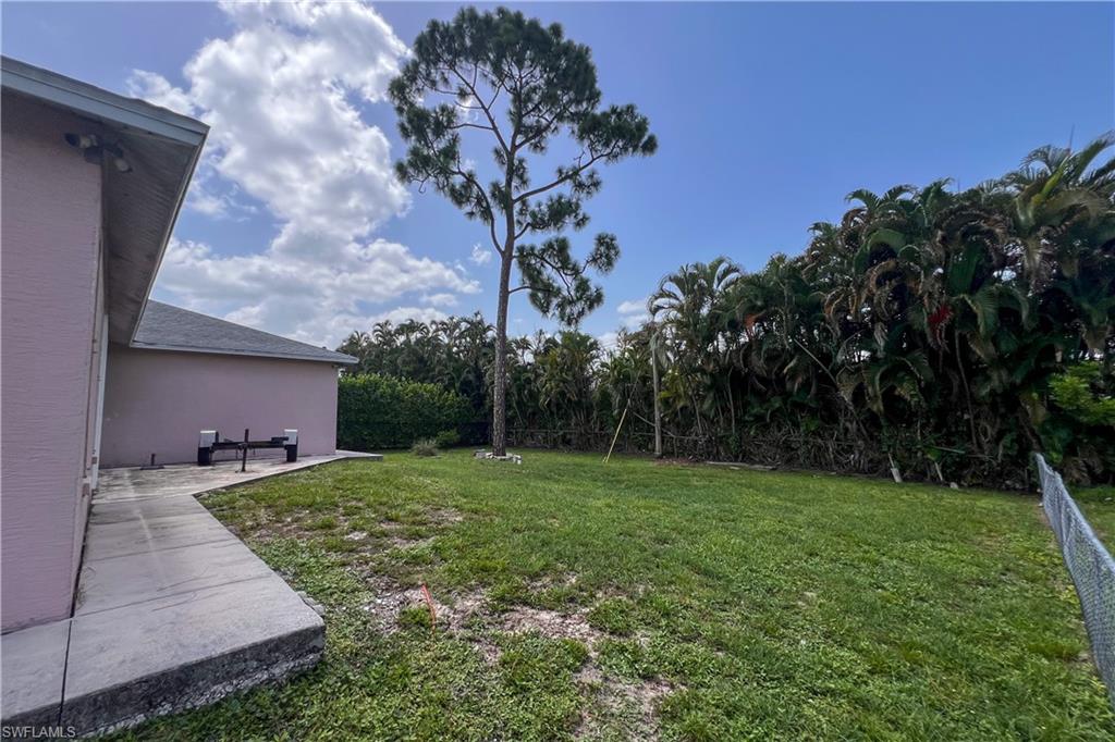 Expansive backyard featuring a large central tree, mature perimeter foliage, a concrete patio, and a chain-link fence
