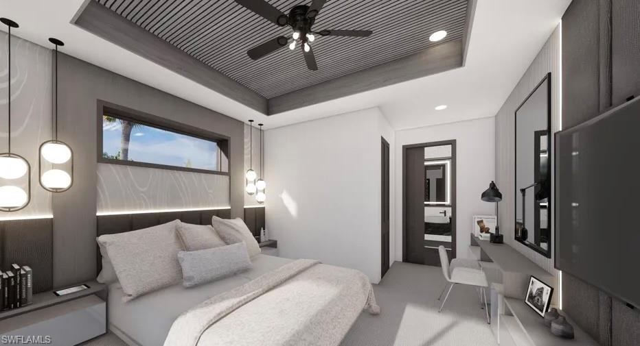 Recessed ceiling with linear wood-finish paneling and a ceiling fan