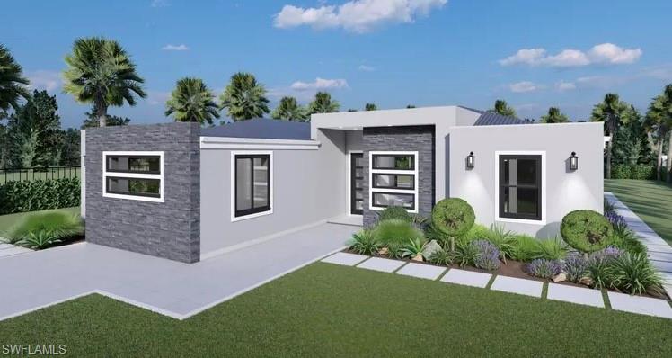 Modern exterior featuring light gray stucco and dark stacked stone accents