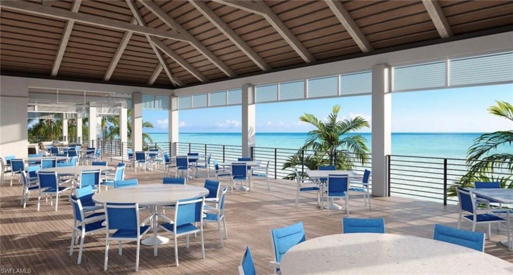 Beach club offers sunset views from the terrace.