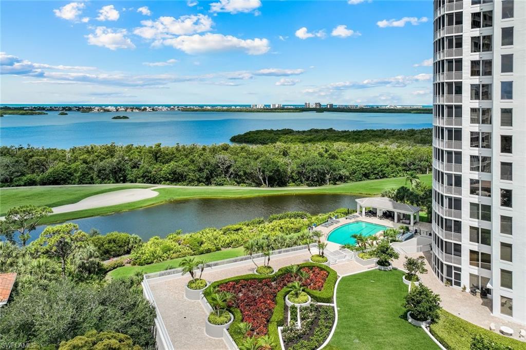 Aerial view of the pool and gulf.