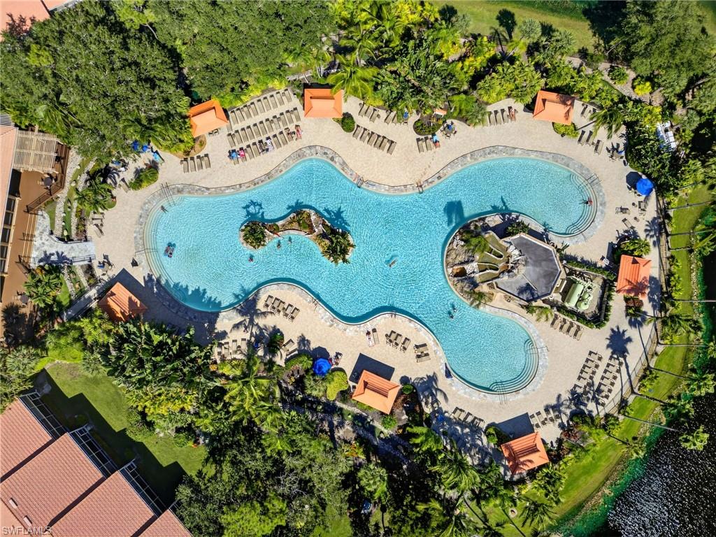 Resort-style pool featuring multiple swimming areas, a central island with palm trees, and surrounding lounge seating