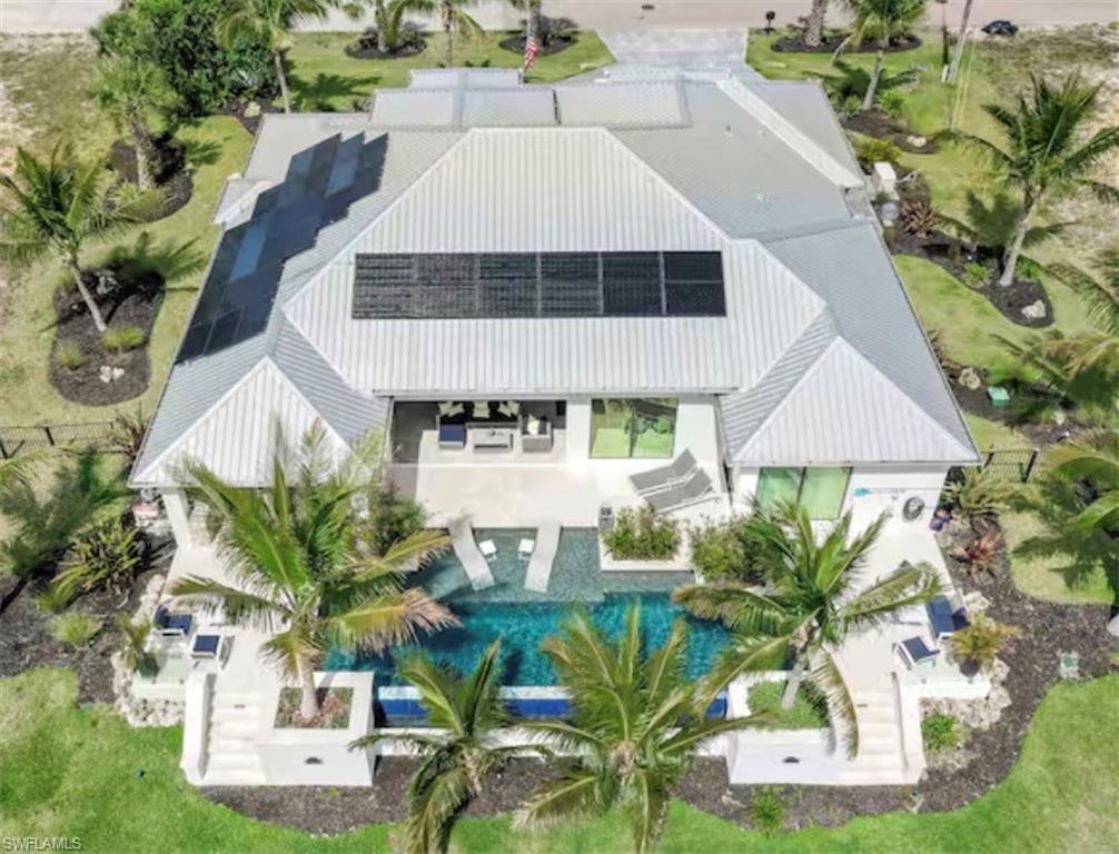View from above of property with a pool area