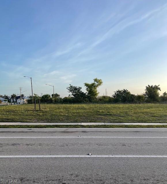 Expansive lot featuring a grassy expanse, paved road frontage, concrete sidewalk, and established perimeter trees