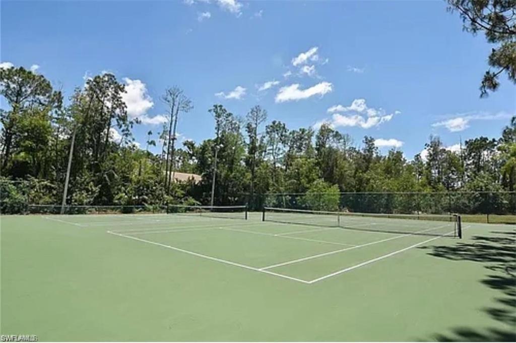 Regulation-size tennis court featuring a green playing surface with white lines, a black net, and surrounding chain-link fencing