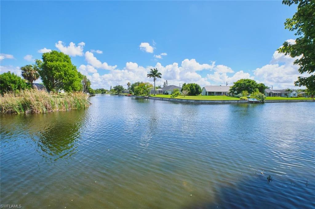 Waterfront property featuring a serene canal, mature trees, and a clear blue sky
