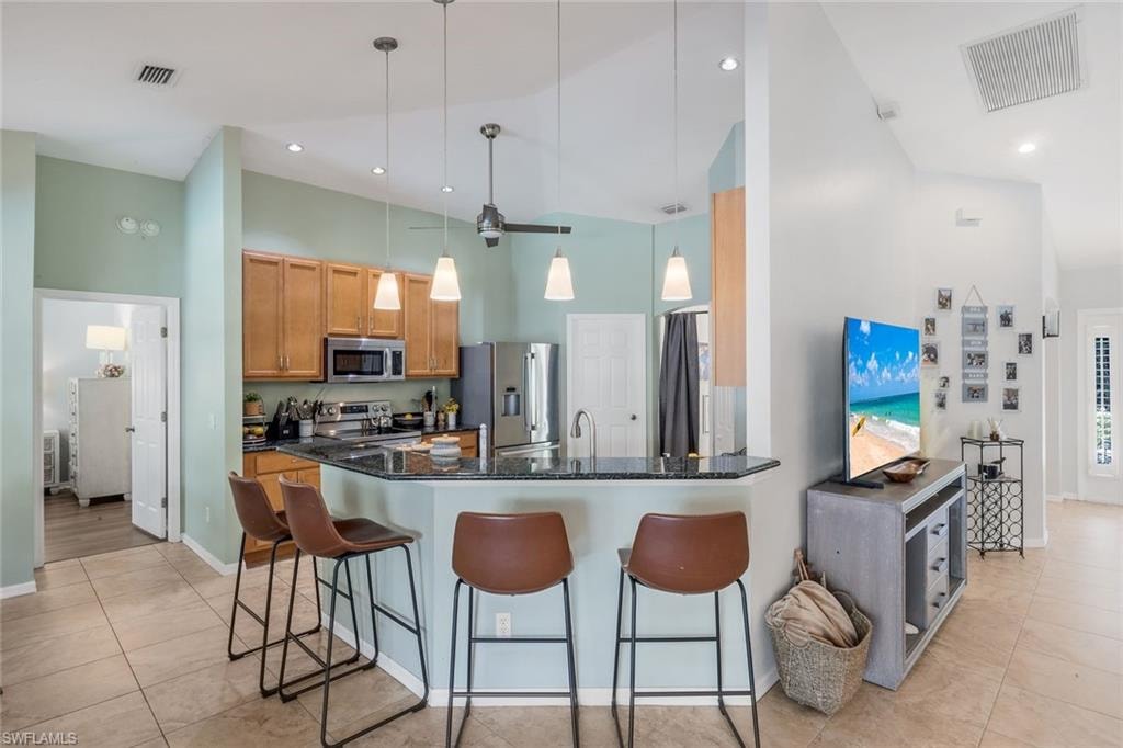 Kitchen with wood cabinetry, stainless steel appliances, and a dark stone countertop