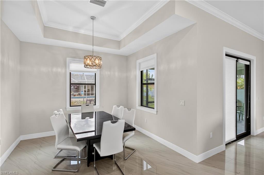 The LARGE DINING ROOM offers exceptional flexibility and can easily accommodate a HOME OFFICE, WORKSPACE, reading nook or additional sitting area while still maintaining an open, airy feel.