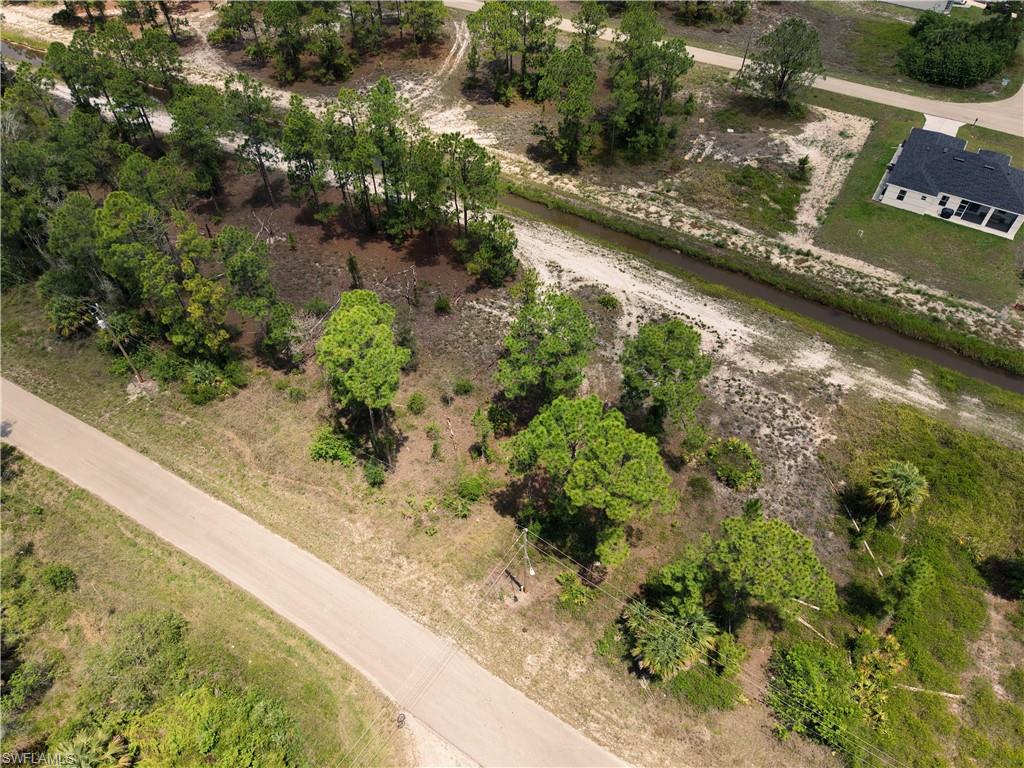 Expansive vacant land parcel featuring mature trees, a natural canal, and a visible road frontage