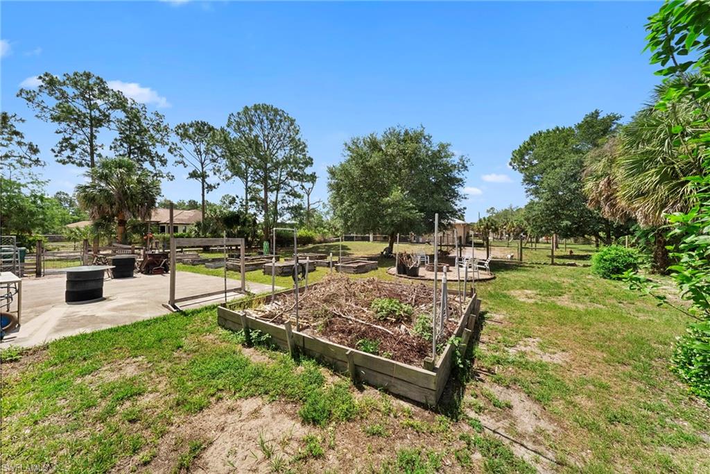 Expansive outdoor space featuring multiple raised garden beds, a concrete pad, and mature trees