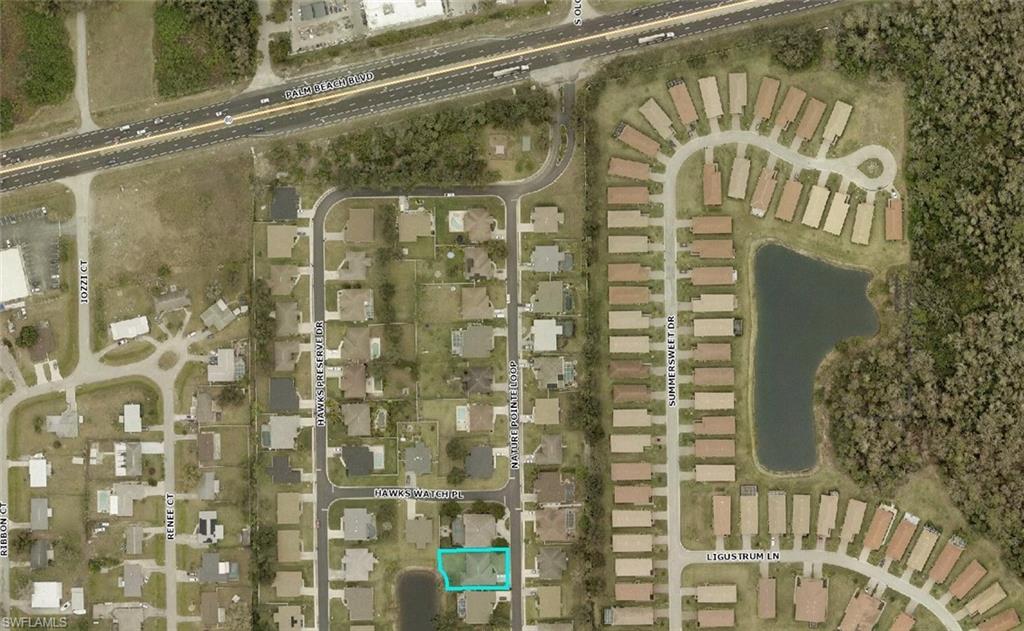 Aerial view of the subject property in relation to Hawk's Preserve Community and Palm Beach Blvd