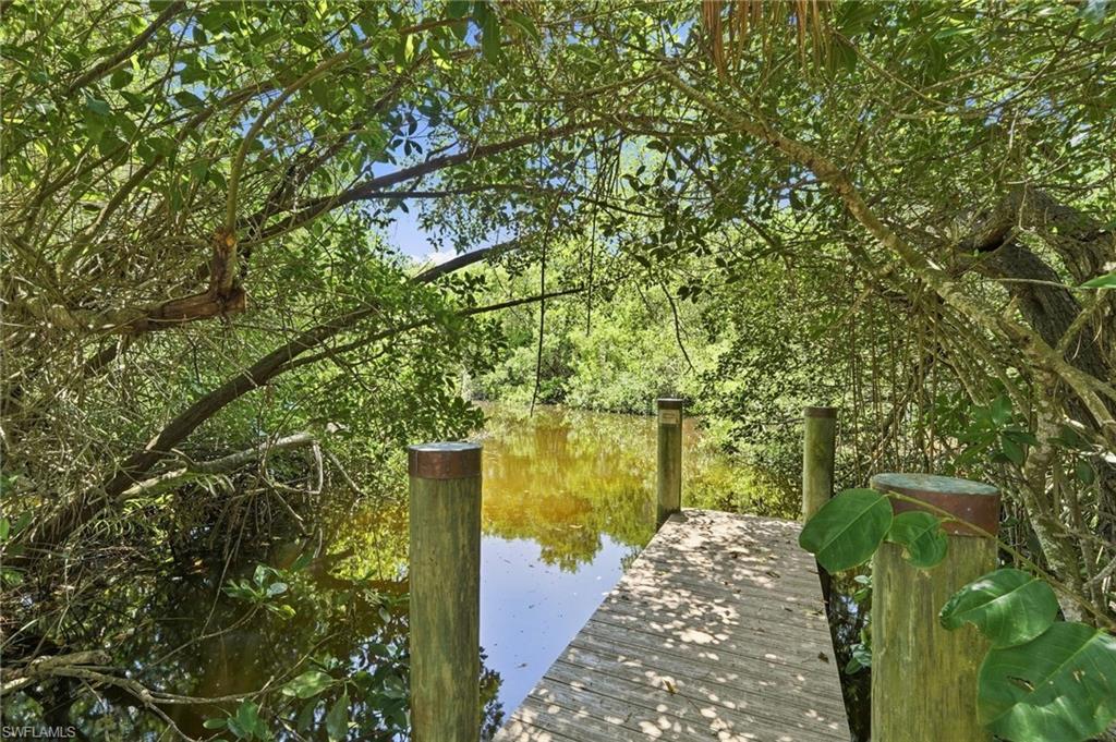 Waterfront property featuring a wood dock, lush foliage, and mature trees