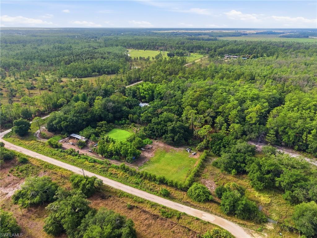 Expansive aerial property featuring a vast tree canopy, two cleared green spaces, and an unpaved road