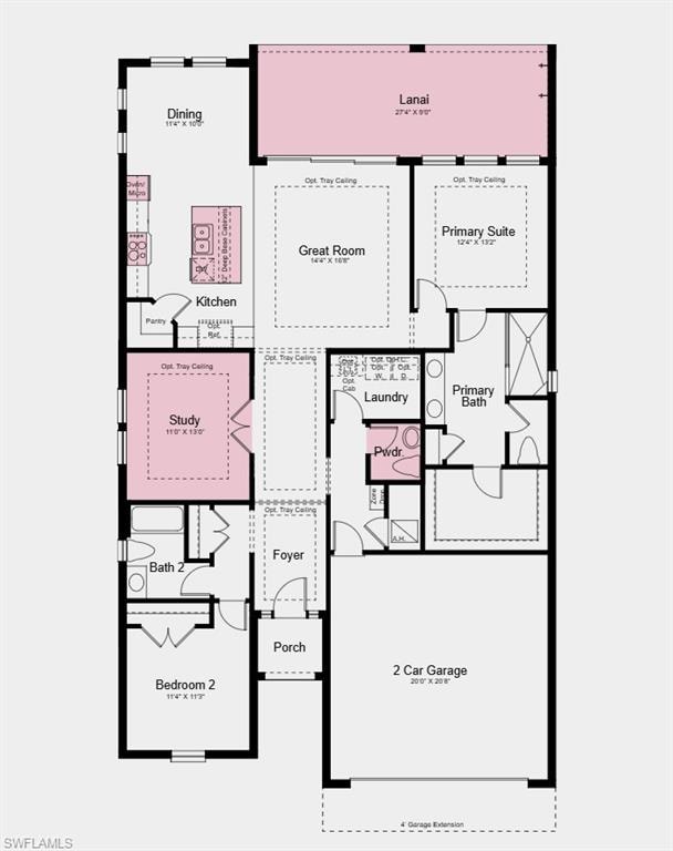 Floor Plan - Additional Highlights Include: tray ceiling package, 4' garage extension, powder room in place of storage closet, outdoor kitchen rough-in, pool/spa prewire with gas stub-out, laundry package, refrigerator, and 8' interior doors