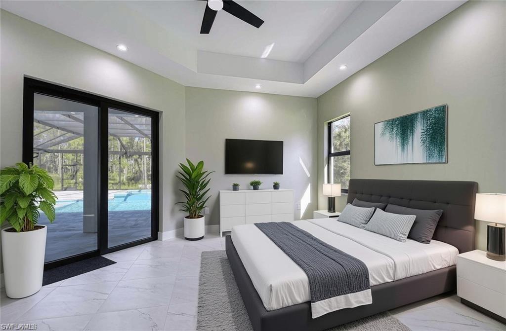 Virtaully Staged Master Bedroom with access to the Pool deck