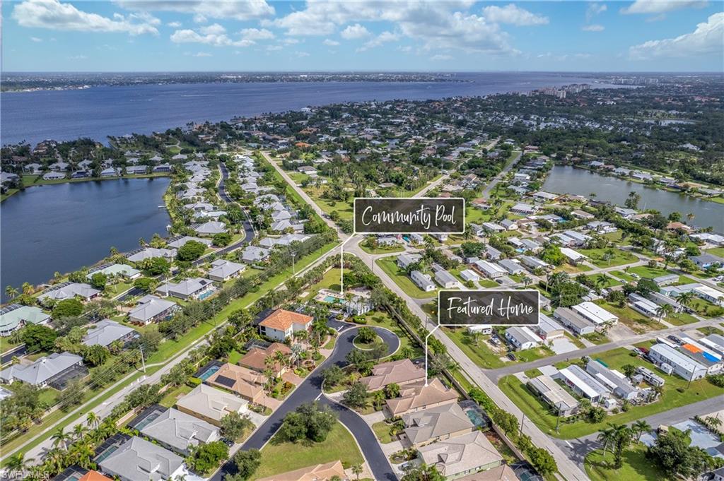 Aerial view of the home's location with nearby Community Center with Pool.