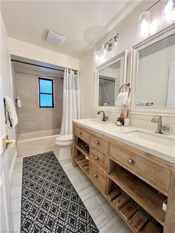 Dual sink vanity with a wood-finish base, integrated white countertops, and brushed nickel faucets
