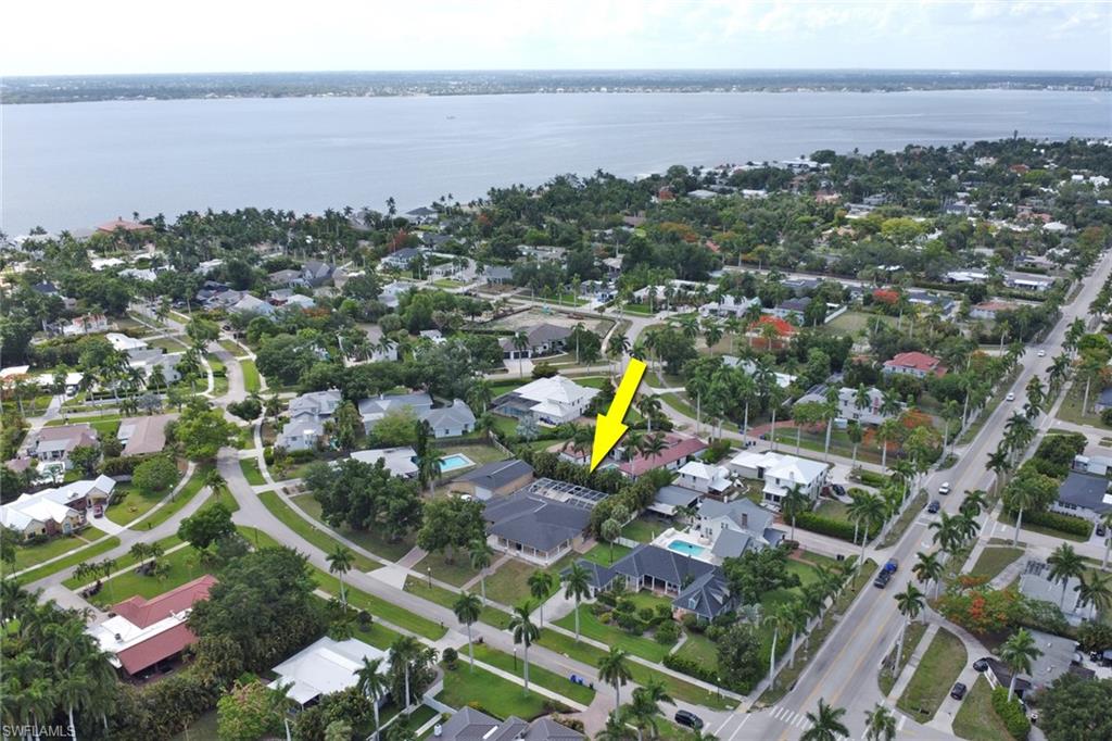 Aerial perspective showcasing a residential neighborhood with mature landscaping and proximity to a body of water