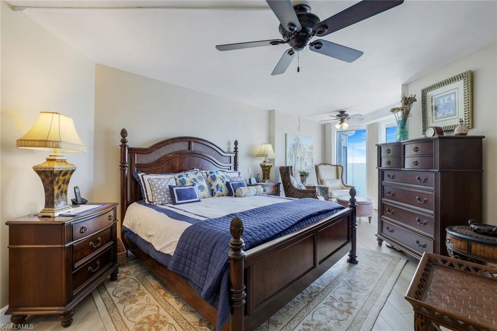 Bedroom featuring light wood-style floors and a ceiling fan