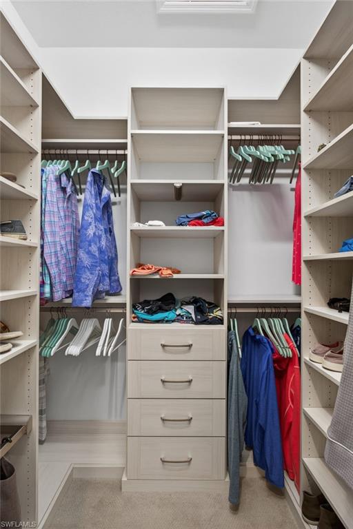 Custom closet system featuring light wood-finish shelving, multiple hanging rods, four integrated drawers with modern pulls, and abundant open storage