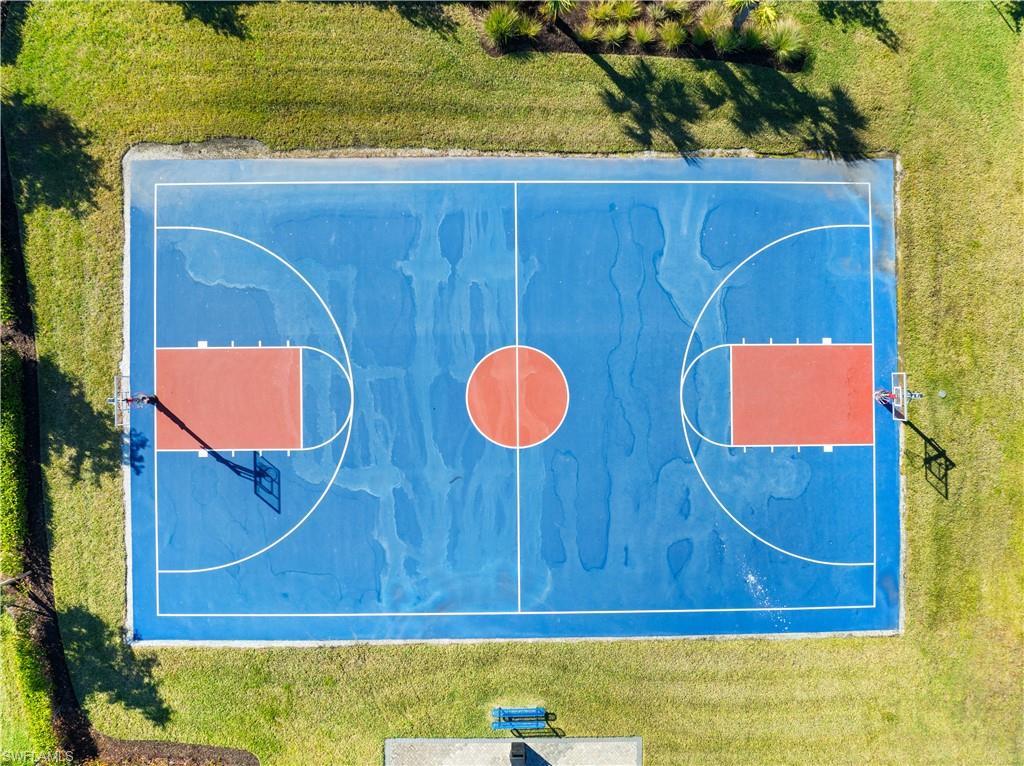 Full-size basketball court featuring a blue playing surface with red free-throw lanes and a central circle